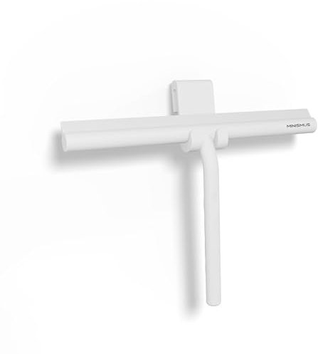 Minismus Raclette Douche en Silicone pour Portes en Verre & Vitres – Raclette pour Nettoyage de Vitre pour des Surfaces Impeccables – Aucun Perçage Requis, Support Inclus (Blanc, 28 cm)