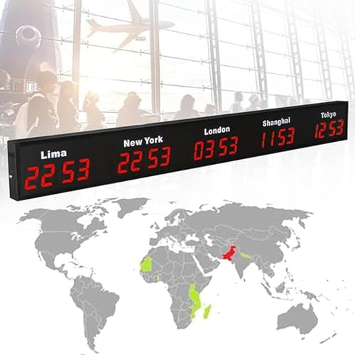 Orologio mondiale montato a parete, 3/4/5 City Time Fuso a LED Digital World Time Orologio da parete Fuso multimediale per interni per le imprese multinazionali/Office/Home/soggiorno,Red-5City