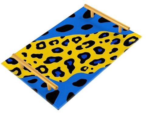Bandejas decorativas con estampado de leopardo amarillo y azul con asas para comer, joyas, perfumes, bebidas, servir charolas para desayuno