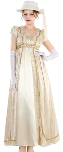 CR ROLECOS Empire Robe régence dorée pour femme avec gants et ceinture – Costume de Jane Austen – Robe victorienne et rococo (3 pièces), M