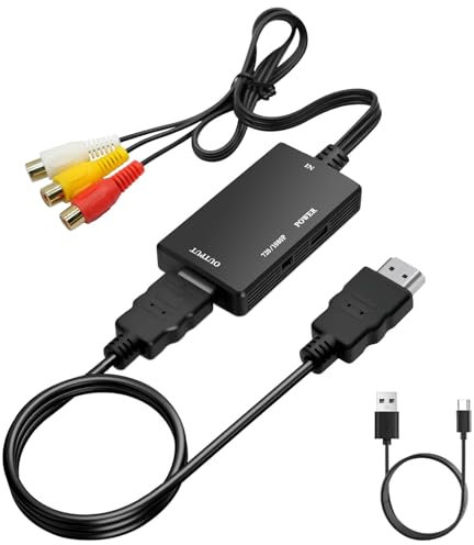 Quevati RCA auf HDTV Adapter 1080P, Mini Composite CVBS AV zu HDTV Konverter für PS2/Xbox/SNES/ N64/ VHS/VCR Videorecorder DVD, Unterstützt PAL/NTSC, Plug & Play mit HDMI-Kabel (Schwarz)