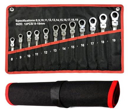 GBSONGJIN Cle Plate,Cle Plate a Cliquet Clé à cliquet combinée 1 pièces, avec tête Flexible, Outil à cliquet à Double Usage, Ensemble combiné à cliquet. Outils à Main de Voiture(12 pcs A)