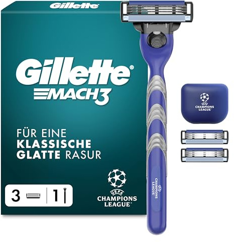 Gillette Mach 3 Standard Rasierer Herren, Metall, Blau/Grau | UEFA Champions League Special Edition, Inkl. 1 Nassrasierer, Reiseschutzkappe, 3 Rasierklingen mit Gleitstreifen