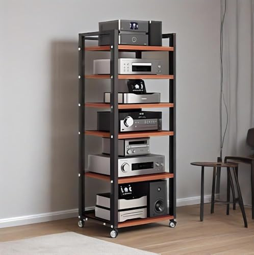 6 Tier Audio Rack Tower, AV Media Stand with Lockable Wheels for Stereo Receiver and CD Player Equipment, Compact Home Storage Solution