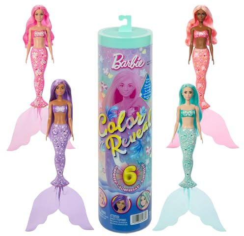 Barbie Color Reveal Muñeca sirena y accesorios | 6 sorpresas, cambio de color y colgantes incluidos (modelos surtidos), JMW61