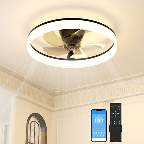 SUNKENET 50CM Black Ceiling Fan with Light with Remote, Ceiling Fan Light | 6 Speeds Fan Lights Ceiling for Bedroom,Quiet Light Fan Ceiling,3000K-6500K Dimmable Smart Modern LED Ceiling Fan with Lights