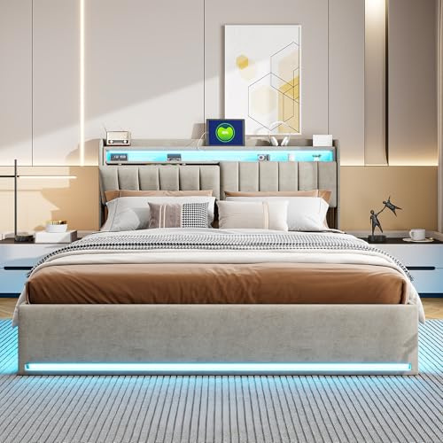 BRYXR 160 x 200 cm Polsterbett mit LED-Kopfteil, Doppelbett mit USB und Lattenrost, Hydraulischem Stauraum und Metallrahmen, Jugendbett, Graues Samt Bett (ohne Matratze)