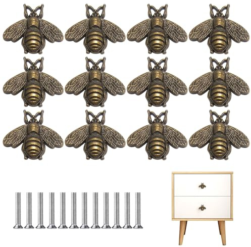 12PCS Vintage Bee Design Kitchen Cupboard Handles, Decorative Furniture Drawer Handles and Drawer Knobs, Metal Retro Style Cabinet Knobs for Cupboard Door Wardrobe or Cabinet Decoration