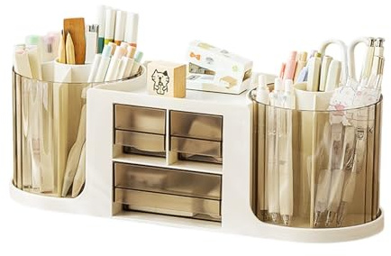 ALKNOT - Contenitore portapenne,Doppia rotazione scrivania organizer 14 scomparti Grande capacità, cassetto trasparente a doppio strato,Può contenere matite colorate,Vari articoli di cancelleria