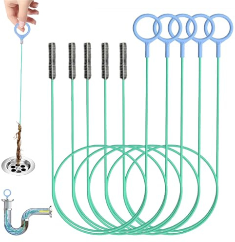 5 Piezas Herramientas De Desbloqueo Drenaje Flexible, 200cm Alambre Desatascador Ducha Tuberias, Flexible Cepillo De Limpieza Para Desagüe, Para Fregadero, Ducha, Bañera Y Tuberías（Verde）
