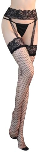 XFSRG Medias Mujer con Liguero medias para Mujer Sexy Ropa Interior Liga de Encaje Medias de Rejilla Calcetines Cintura Alta Lenceria Pantimedias Elástico Estilo Moderno Complemento moda(2)