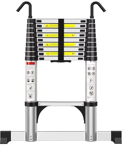 Exleiter Telescoping Ladder 2.9M, Extension Ladder with Hooks and Stabiliser Aluminium Folding Loft Ladder, Adjustable Step, Home Storage, Attic, Maintenance Garden etc, Max Load 150kg/330lb