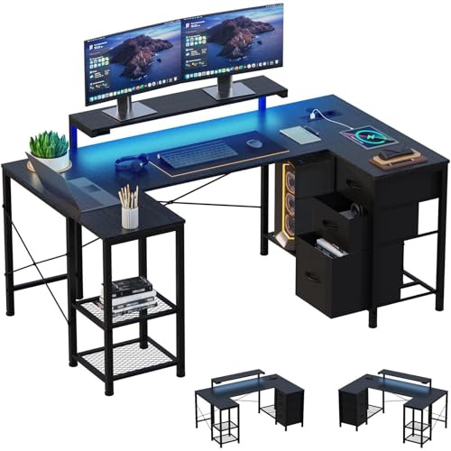 Devoko Eckschreibtisch Gaming Schreibtisch mit LED, Stauraum & 3 Schubladen, 170x95x75cm, Schreibtisch mit Höhenverstellbarer Ablage, 2 Steckdosen & 2 USB, Schwarz