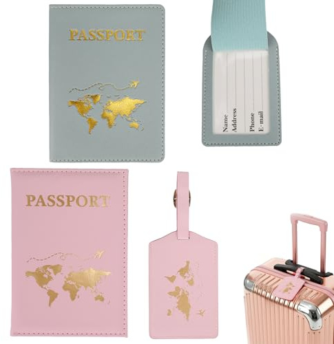 Ervoxo Reisepasshülle,2 Stück Reisepasshülle mit 2 Kofferanhänger,Passport Holder,Passport Cover,PassportHülle,Reisepasshüllen Kofferanhänger für Kreditkarten,Ausweis und Reisedokumente (Rosa,blau)