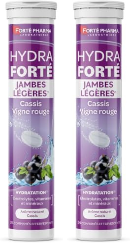Forté Pharma - Hydra Forté Jambes Légères - Electrolytes, Vigne rouge, Mineraux, Magnesium, Cassis - Hydratation, Jambes lourdes, Circulation - 24 comprimés effervescents cassis, 1 à 2/jour (Lot de 2)