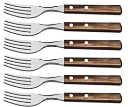 Tramontina Steakgabel, Pizzagabel, 6 Stück, rostfreier Edelstahl, Holzgriff braun, FSC-zertifiziert, spülmaschinenfest, 6-teiliges Set