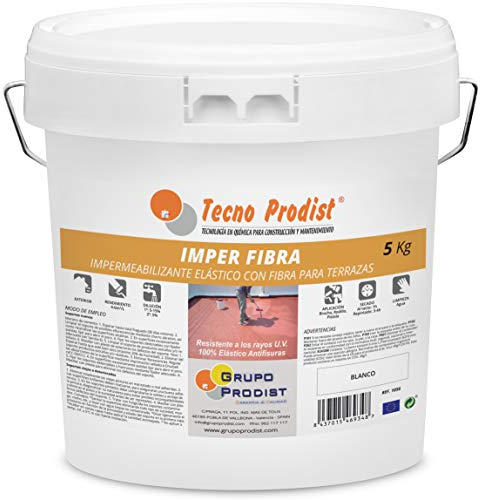 IMPER FIBRE de TECNO PRODIST - 5 Kg (Blanc) - Revêtement élastique imperméabilisant avec fibres incorporées - Caoutchouc anti-goutte pour terrasses et façades