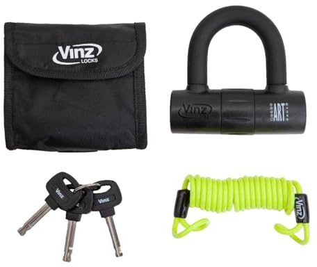 VINZ Dinara Bremsscheibenschloss ART4 | Schloss für Motorrad Roller Moped Scooter für Bremsscheiben mit Errinerungskabel | Scheibenschloss mit 3 Schlüssel | Schwarz