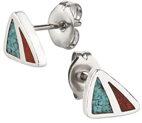 Ohrstecker Ohrringe Modell 2 Silber 925 Sterling Türkis Koralle Inlay als Ohrschmuck mit kleiner Schmuckbox - 7K - Indianer Schmuck Geschenke für Damen, Mädchen, Jungen, Kinder und Herren