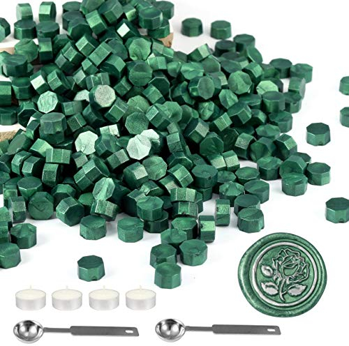 Siegelwachsperlen-Set, 360 Stück, metallisch-grün, Mornajianisches Siegelwachs mit 2 Schmelzlöffel und 4 Kerzen für Wachssiegelstempel