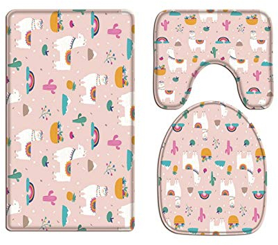 A.Monamour Badezimmer Badematte 3 Teilig Set Aquarell Cartoon Lama Alpaka Kaktus Rosa Hintergrund Flanell WC Toilette Deckel Deckt Bad Matte Teppich Badteppiche Badvorleger Badgarnitur Vorleger