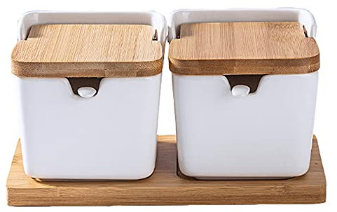 Pevfeciy Tarros De Especias, Azucarero, Azucarero De Cerámica con Cuchara Y Tapa De Bambú para El Hogar Y La Cocina - Diseño Moderno, Incluye Bandeja De Madera Auténtica,Blanco,2pcs