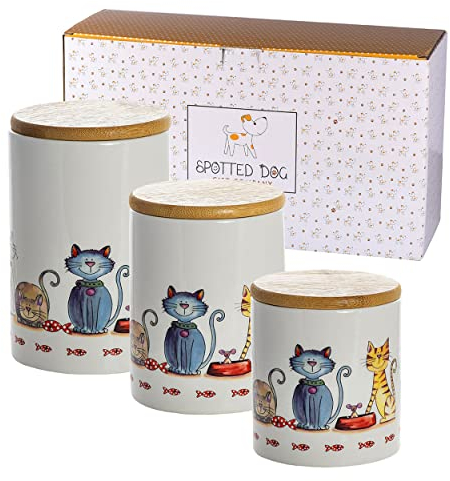 SPOTTED DOG GIFT COMPANY Vorratsdosen Keramik mit Deckel Luftdicht - 3x Vorratsbehälter vielseitig Aufbewahrungdose für Mehl Kaffee Tee Leckerli Zucker, süßes Katzen Motiv (700ml - 1Liter)