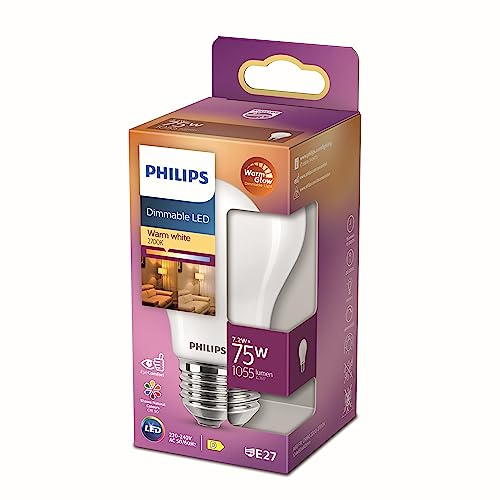 Philips LED Classic E27 WarmGlow Lampe, 75 W, Tropfenform, dimmbar, matt, warmweiß, Weiß