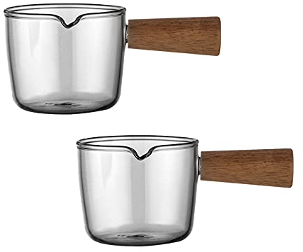 Gfamous Brocca In Vetro Con Manico In Legno,Bricco Per Latte In Vetro,Set Da 2 Pezzi, 50 Ml, Resistente Al Calore, Facile Da Pulire, Utilizzabile Per Caffè Espresso, Latte, Salsa