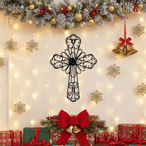 RELY+ Black Wall Cross 14X10 Inch Living Room Décor Outdoor Crucifix Wall Décor Metal Wall Art Decorative Hanging Iron Wrought Wall Décor Crosses for Rustic Indoor Home Valentine's Day Decorations