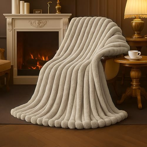 Amélie Home Faux Fur Throw Blanket for Couch, Cozy Fuzzy Fluffy Fur Luxurious Soft Striped Plush Gift Blankets for Family Sofa Chair Bedroom, 55x70, Beige