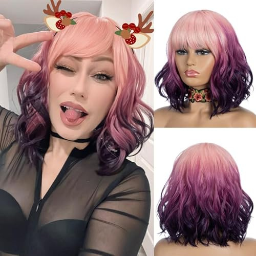 NOBLE Perruques courtes colorées avec frange pour femme, 3 tons, ombré rose racine à violet, perruque de cheveux courts ondulés, longueur épaule, perruque synthétique résistante à la chaleur