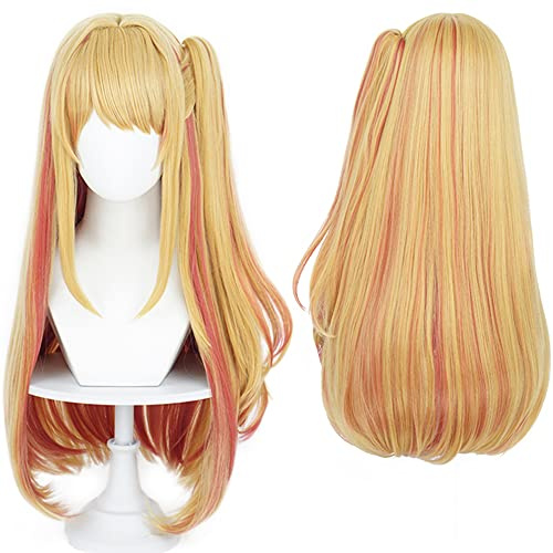 Blonde rote lange Perücke synthetische für Frauen Halloween Anime Party | mit Bangs gerade Seite Ponytail Hitze widerstehen Weihnachten Comic Con Cos Anime Party Ersatz Perücken