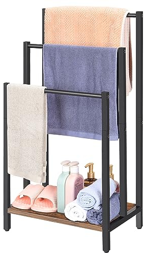 3 Tier Freestanding Towel Rack, Towel Rail Metal Ladder Towel Holder Drying Stand with 3 Towel Rails and Storage Shelf, Bathroom Accessories Organizer for Bath Storage & Hand Towels, Washcloths, Brown