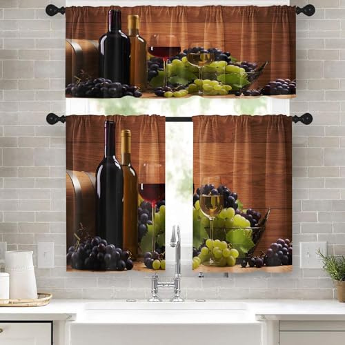 Tayney Red Wine Kitchen Window Curtains Valance and Tier Set, Grapes Glasses Wooden Vintage Rod Pocket Short Tier Curtain, Retro Small Cafe Drapes for Kitchen Decor 52 x 24