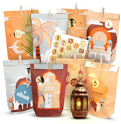 AMARI ® Ramadan Tüten (30 Stück inklusive Sticker & Klammern) - Ramadankalender zum Befüllen - Ramadan Kalender Tüten - Ramadan Kalender Bastelset