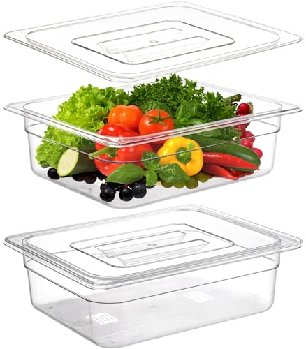 Bekith 2 Pack Clear Polycarbonate Food Pans with Lids, Half Size 4 Inch Deep, Stackable Plastic Food Pans for Commercial Kitchen Restaurant Food Prep, Freezer-Safe