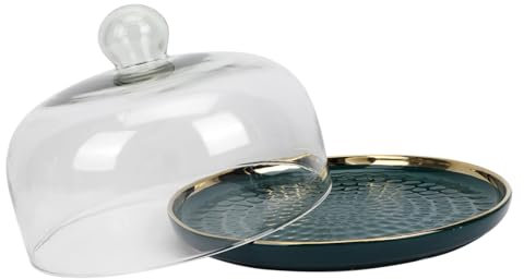 GOOHOCHY 10-inch Green Rim Gold-edged Cake Dessert Plate 23cm Glass Lid, Fruit Storage Tray Food Plate Portable for Home Entertaining and Snack Display