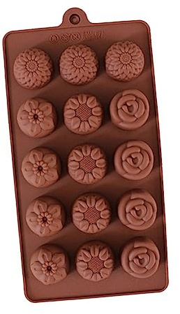 Stampo Silicone Cioccolato a 15 Cavità, Fiore per Caramelle | 4 Modelli Floreali, Colore Caffè, senza Odore e Antiaderente, per Dolci, Gelatina, Lavori Creativi e Fai da
