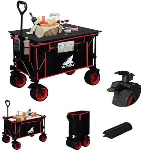 WOLTU Carro Plegable Playa, Carrito de Camping con Ruedas, Carretilla con Tapa Amplia y Bolsillo Lateral, Carro Portatil de Playa Campaña y Compra, Capacidad de 120 kg, Negro+Rojo