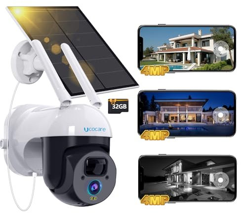 UCOCARE 4MP Solar Security Camera Outdoor Wireless, 360° Pan Battery Camera with 5W Solar Panel, Wifi CCTV Camera Systems, Free 32G Local SD Card, Color Night Vision, AI Human Detection