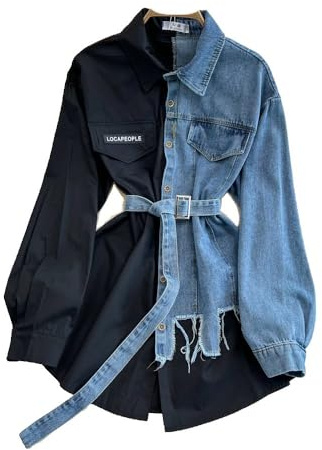 CAEITLRSO Women's Dress - Retro Temperament Waist Color Matching Denim Shirt Dress with Denim Belt, Fashion Lapel Long Sleeve A-Line Casual Party Dress, Black, One Size