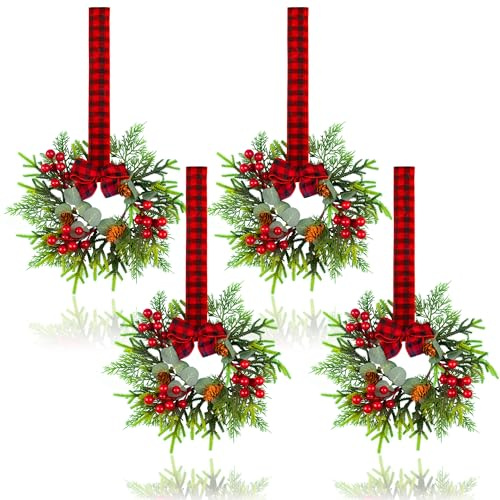 Kleiner Weihnachtskranz – Mini-Kränze mit roter Beere, Kiefer, Eukalyptus, Weihnachtskränze für Tür, Küchenschränke, Fenster, Kamine, Dekoration, 4 Stück