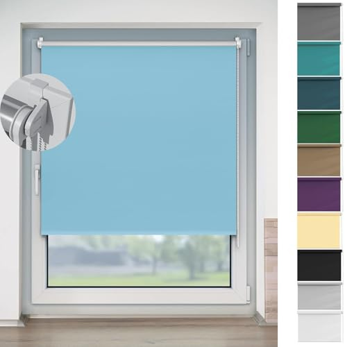 Tende a Rullo per Interni 90 x 200 cm Blackout, Protezione Solare, Tenda a Rullo Oscurante da Interno Facile Fissaggio a Clip Senza Viti per Tutte Le Stanze, Blu Cielo