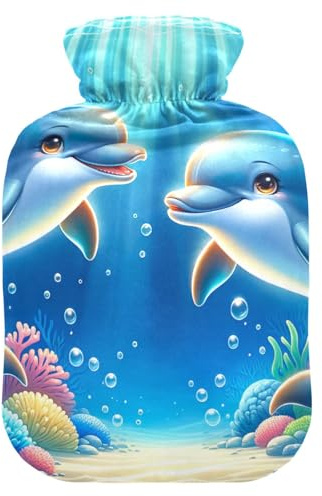 Wärmflaschen mit Delfinen und weichem Bezug, Bett-Hand-/Fußwärmer, Wintergeschenk, Wärmbeutel zur Linderung von Nacken- und Schulterschmerzen, 2 Liter