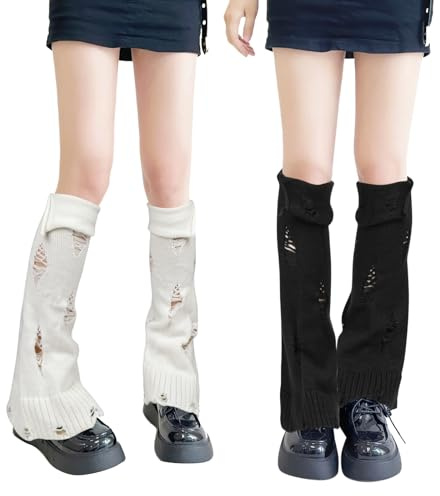 QKURT 2 Paar Damen Beinstulpen Winter Weiß Schwarz Beinstulpen Gestrickte Distressed Knöchelwärmer Kniehohe Strümpfe für Frauen Mädchen, schwarz/weiß, One size