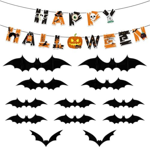 Halloween Deko, Happy Halloween Girlande Deko, mit 12 Stück 3D Fledermaus Deko, Halloween Deko Kinder Basteln, Dekorationen Banner Decor Garten,Happy Halloween Banner für Halloweenparty, Kinderparty
