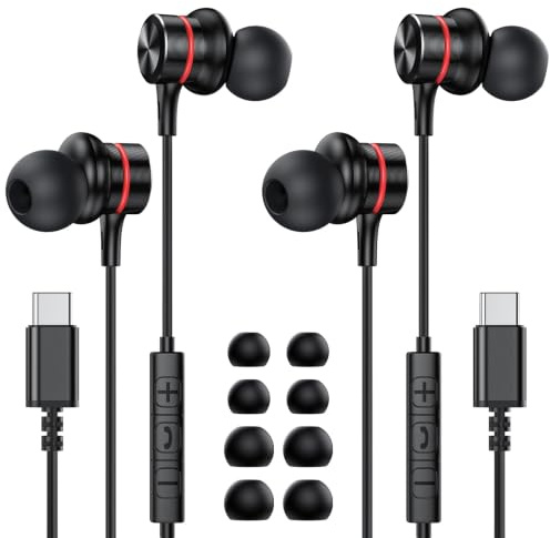 MOSWAG Cableados Auriculares USB C, Micrófono Y Auriculares C Estereofónicos HiFi de Control de Volumen para iPhone 16 15 15 Pro MAX, Fe Ultra Google Pixel (2 Pack)