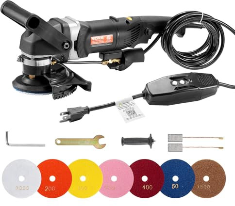 VEVOR Pulidora Húmeda de 800 W con 6 Velocidades Variables y 7 Kits de Pulido, para Mármol, Granito, Piedra, Roca, Baldosas, Equipada con un Interruptor GFCI(700-3000 RPM), 415 x 170 x 220 mm