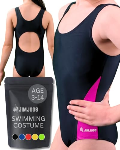 JIMJOOS 3-14 Years One Piece Girls Swimming Costume - Non See Through Kids Swimsuit - Quick Dry Racerback Children Swimwear Ideal for Swimming, Beach and Water Sports Activities (9-10 Years, Pink)